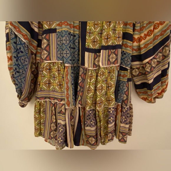 Olivaceous Patterned Ruffle Long Sleeve Tassle Mini Dress Women’s Sz Small - Picture 10 of 16